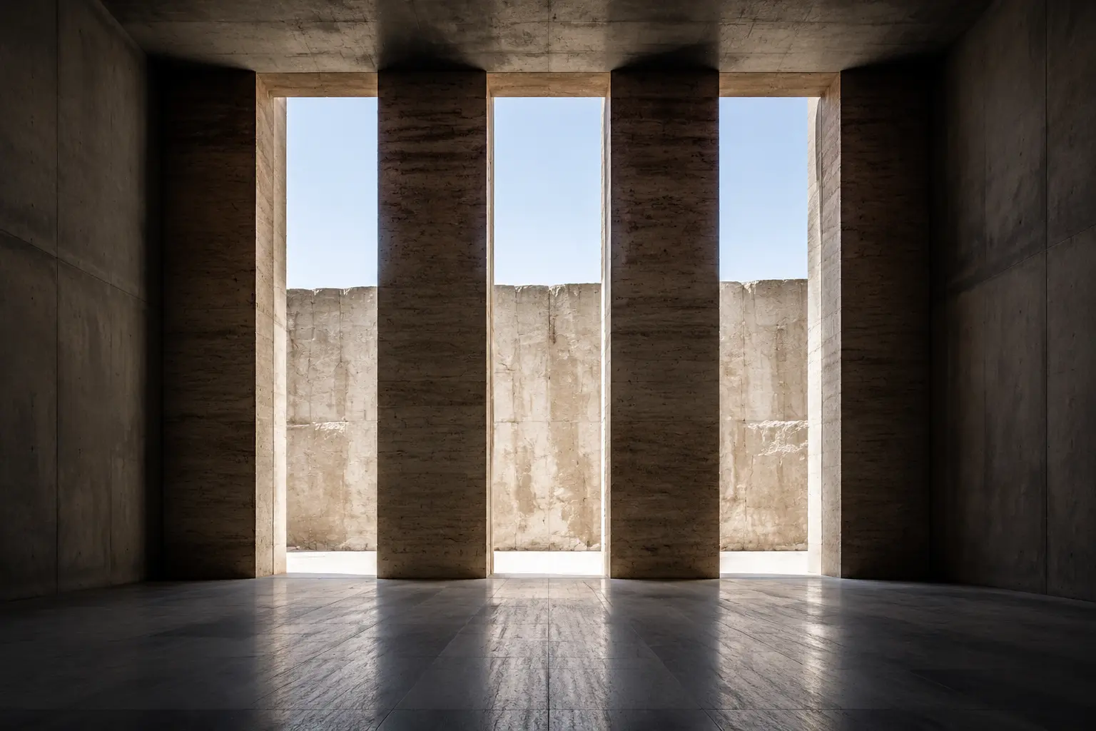Three monumental portals formed from warm white light