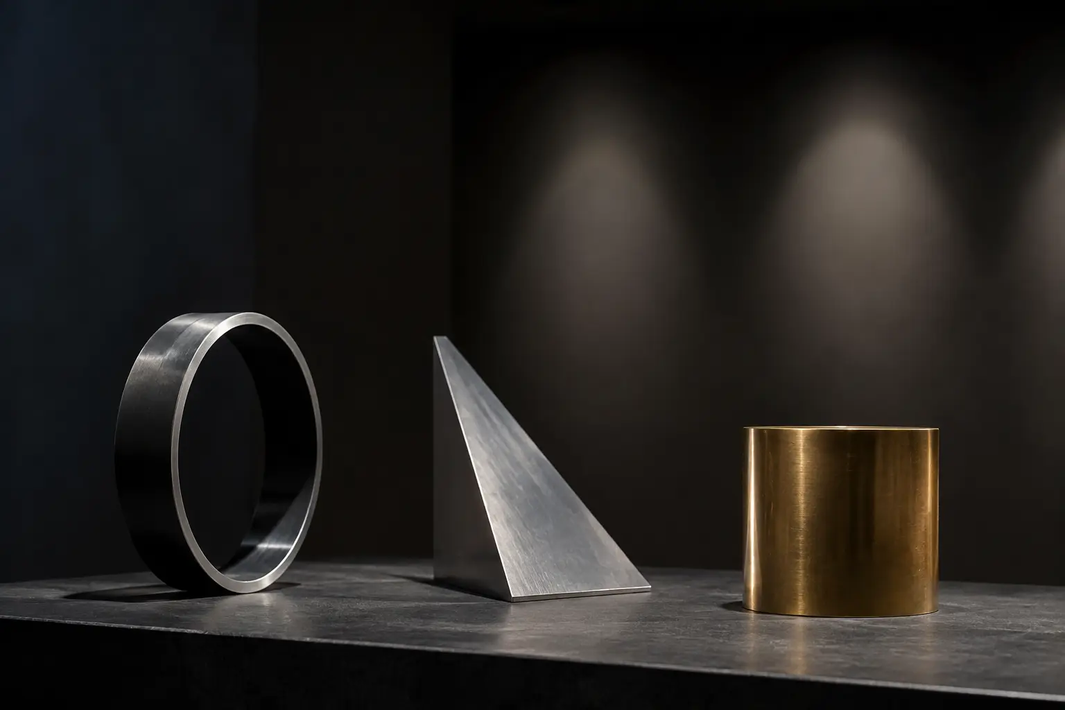 Three abstract metal forms arranged as a balanced system